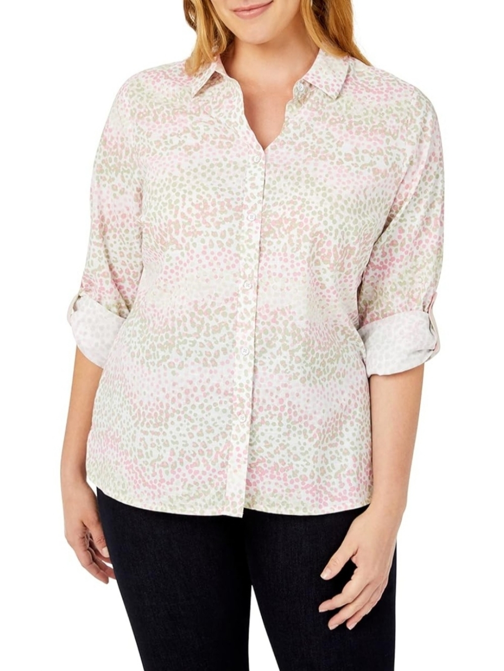 Foxcroft Womens Button Up Shirt Size 22W Rose Blossom Dotted Wave Wrinkle Free
